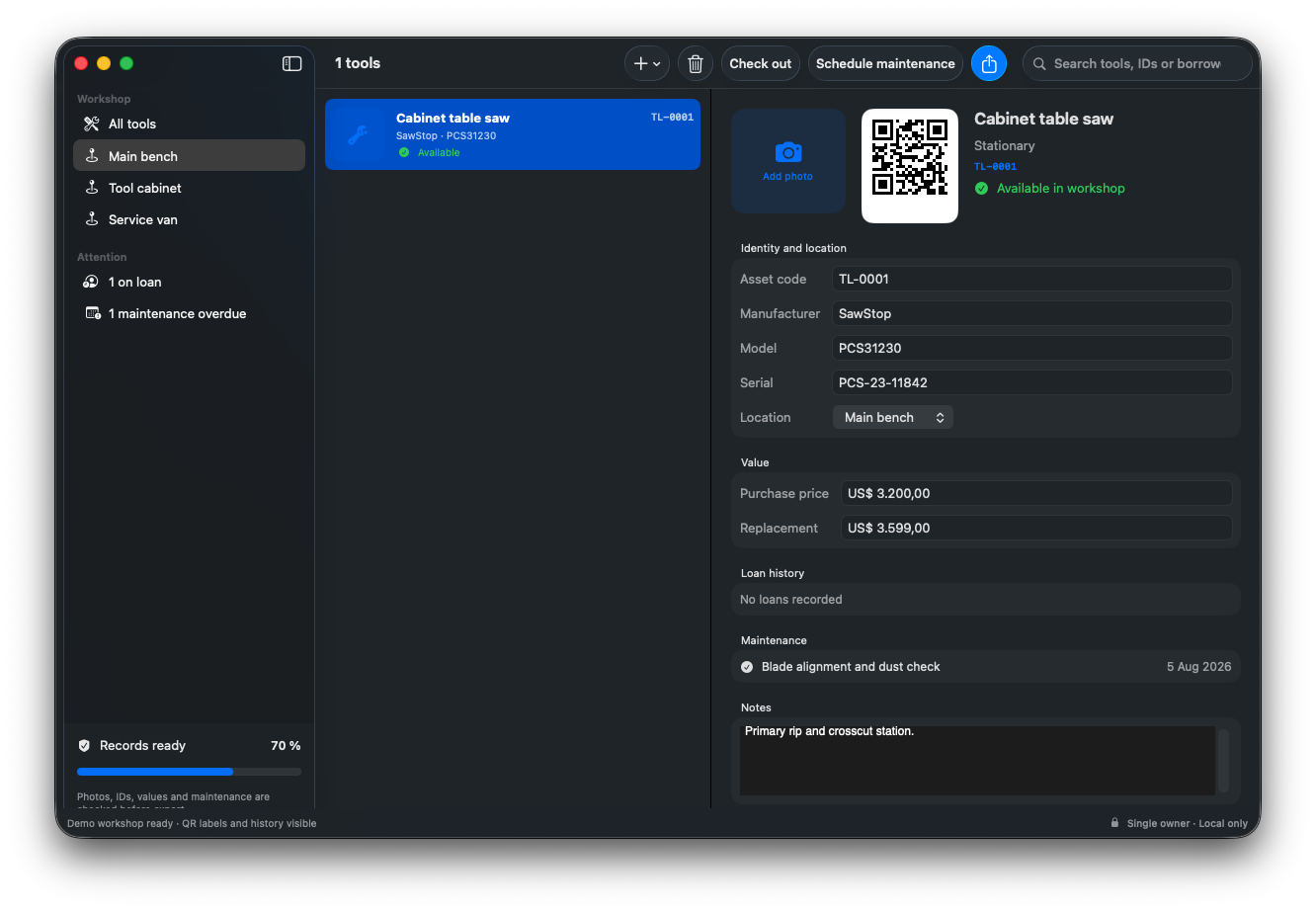 ToolLedger running on macOS with workshop locations, QR label, tool identity, loan history and maintenance
